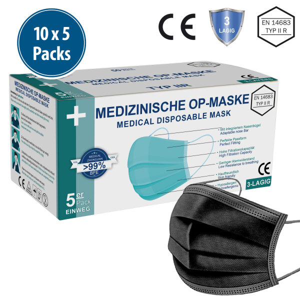 Medizinische Gesichtsmaske Typ IIR, 10x5er Pack, schwarz