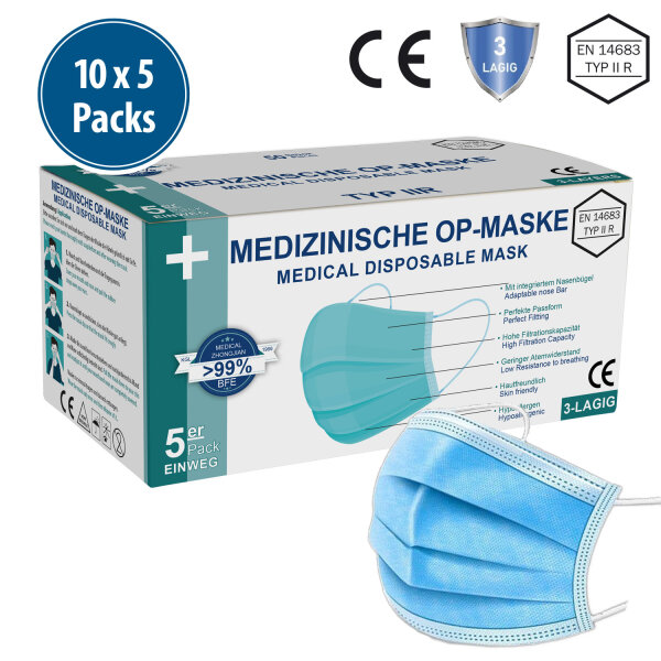 Medizinische OP-Gesichtsmaske Typ IIR, 3-lagig, 10x5er Pack