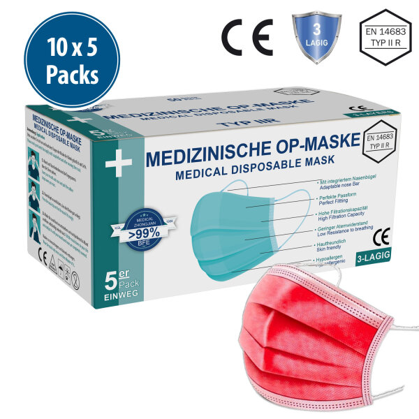 Medizinische Gesichtsmaske Typ IIR, 10x5er Pack, rot
