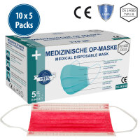 Medizinische Gesichtsmaske Typ IIR, 10x5er Pack, rot