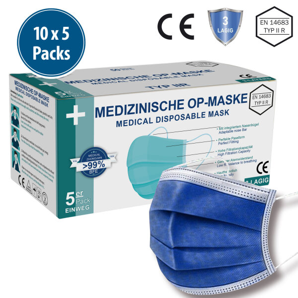 Medizinische Gesichtsmaske Typ IIR, 10x5er Pack, dunkelblau