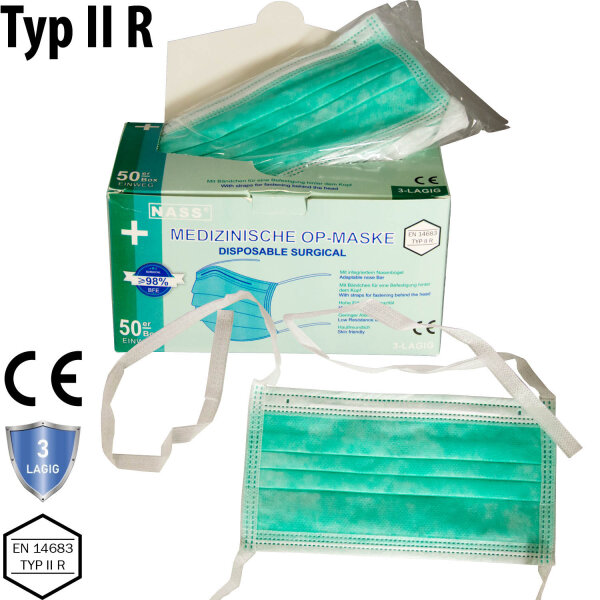 Medizinische OP-Mundschutz zum Binden, Typ IIR, 3-lagig, 10x5er Pack