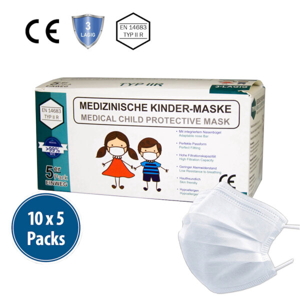 Kinder-Medizinische-Maske Typ IIR, 10x5er Box, wei&szlig;