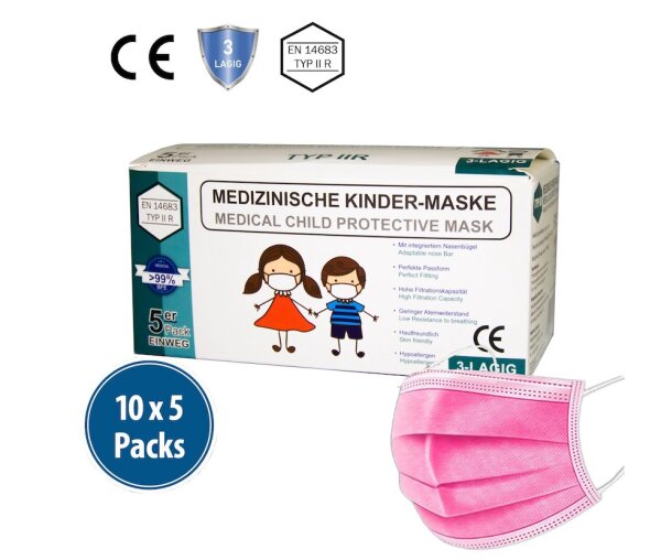 Kinder-Medizinische-Maske Typ IIR, 10x5er Box, rosa
