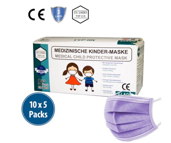 Kinder-Medizinische-Maske Typ IIR, 10x5er Box, lila