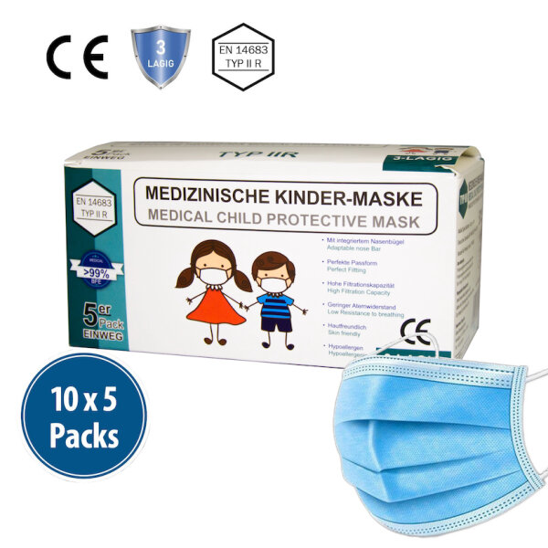 Kinder-Medizinische-Maske Typ IIR, 10x5er Box, blau